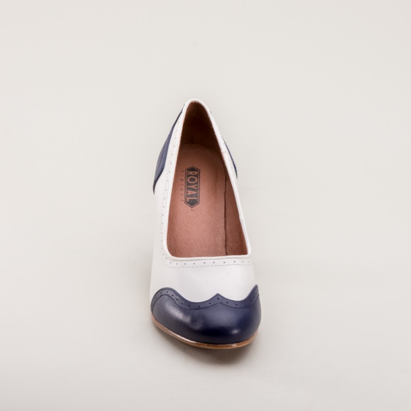 navy and white spectator pumps